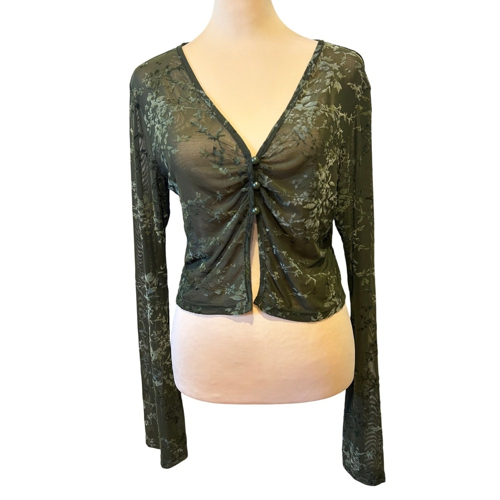 Burnout Velvet Crop Cardigan L Green Floral Sheer Bell Sleeve Fairy Whimsigoth